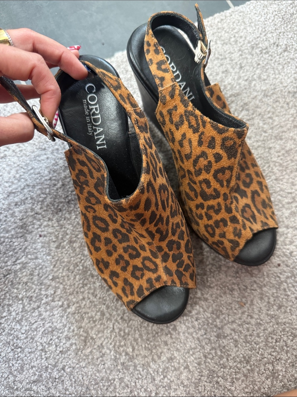 Cordani Leopard Print Open-Toe Slingback Wedge Sandals - Brown/Black - Picture 2 of 4